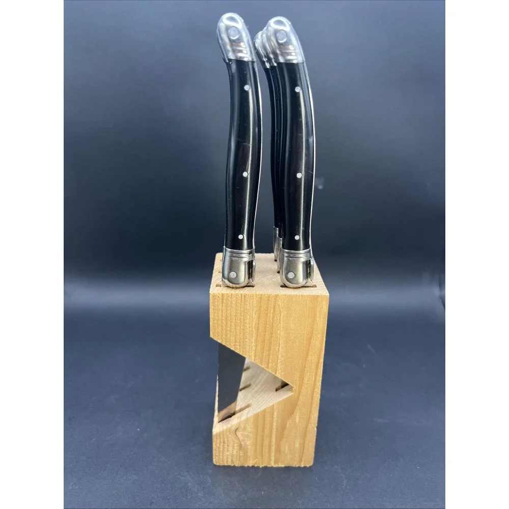 Jean Dubost Laguiole Steak Knives Set of 6 Black Handles Inox with Wooden Block